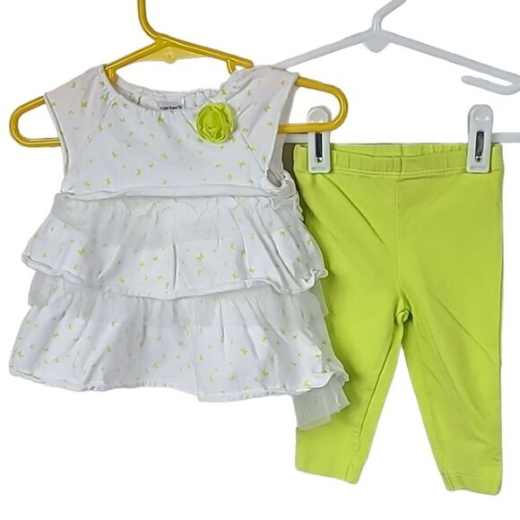 Carter's Baby Girl 3M Lime Green Butterfly Tulle Ruffled Top & Pants 2pc Outfit - Picture 1 of 7
